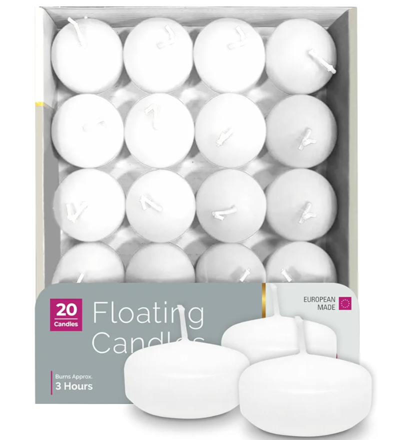 HYOOLA Premium White Floating Candles 1.75 Inch - 3 Hour - 20 Pack - European Made
