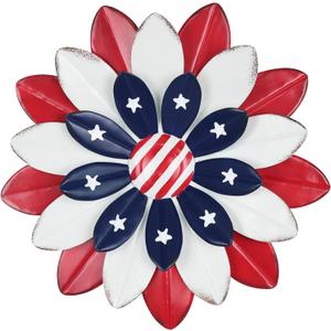 hogardeck 4th of July Decorations Outdoor, Red White Blue Metal Flower Wall Art for Fourth of July Decor, 3D Metal Floral Patriotic Decorations for Yard Garden Home Indoor