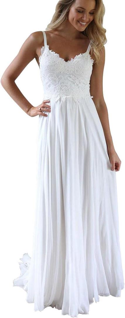 Women's Lace Beach Wedding Dresses for Bride 2025 Spaghetti Backless Boho Bridal Gowns White 12
