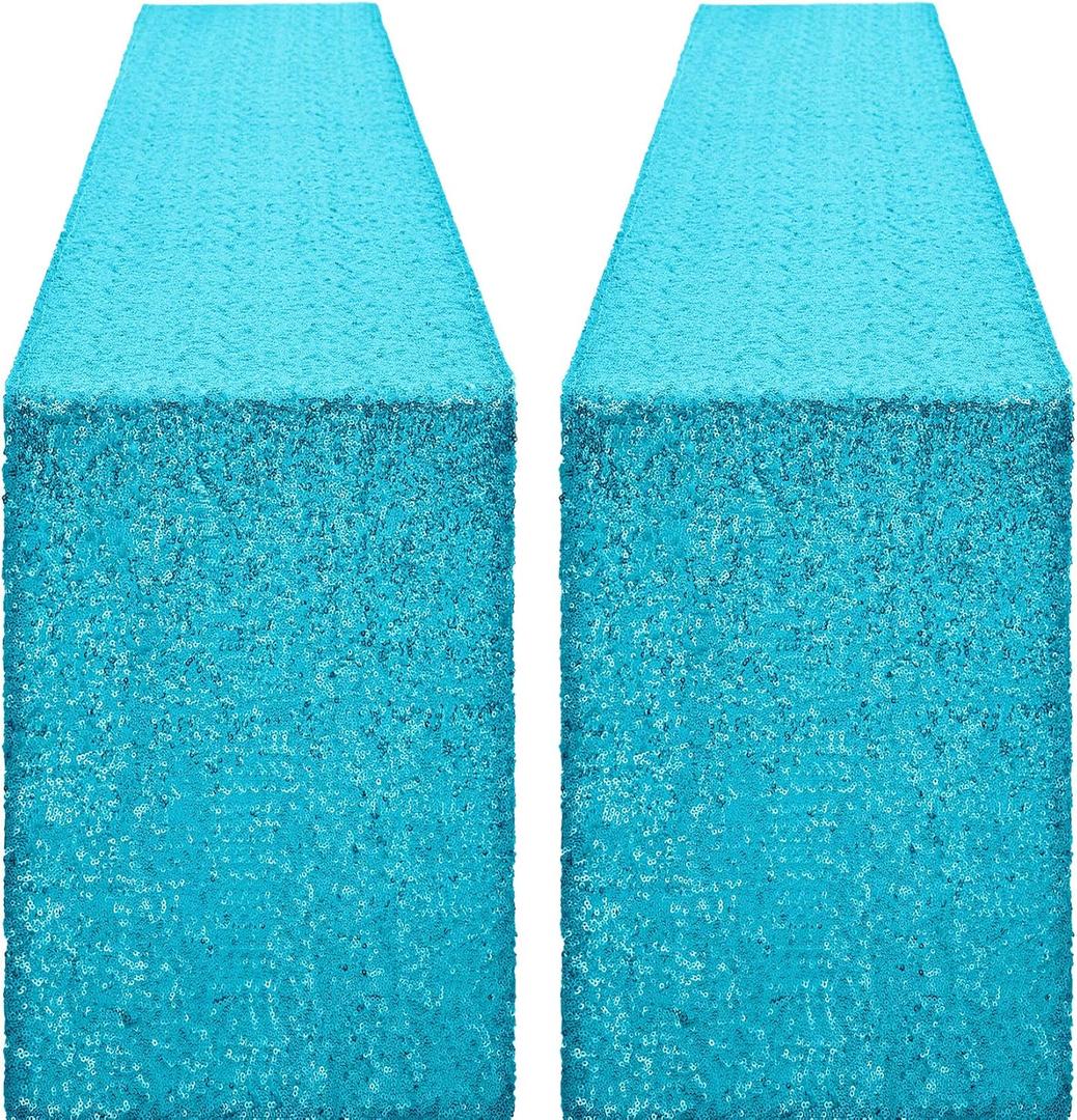 2 Packs 12 x 72 inches Turquoise Sequin Table Runner, Glitter Runner for Birthday Party Supplies Decorations Wedding Bachelorette Holiday Celebration Bridal Shower Baby Shower