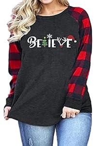 Plus Size Merry Christmas Baseball T-Shirt Women Long Sleeve Holiday Xmas Splicing Tee Tops XL