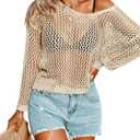 AI'MAGE Womens Crochet Tops Long Sleeve Hollow Out Swim Cover Up 2026 Beach Bikini Swimsuit Summer Tunic Top (White, M)