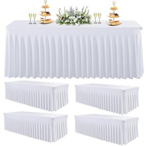 5 Pack White Spandex Table Cloths for 6 Foot Rectangle Tables, Wrinkle Free Fitted Table Covers 6 Ft Stretch Polyester Tablecloths with Skirt for Party Banquet Wedding Birthday Christmas