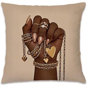 Fashion Black Woman Gold Jewelry Pillow Covers 18x18, Inspirational African American Gifts for Black Women, Modern Afro Glam Decorative Throw Pillow Covers Pillowcases for Home Room