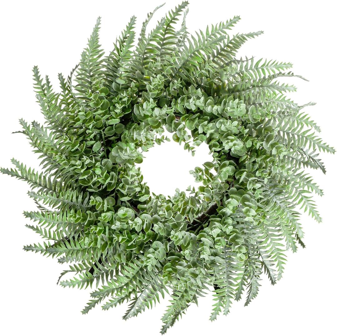 26'' Eucalyptus and Boston Ferns Wreath for Front Door - Artificial Eucalyptus Leaves Greenery Outdoor Wreath for Wedding Farmhouse Porch Wall Room Home Decor (Gray-Green)