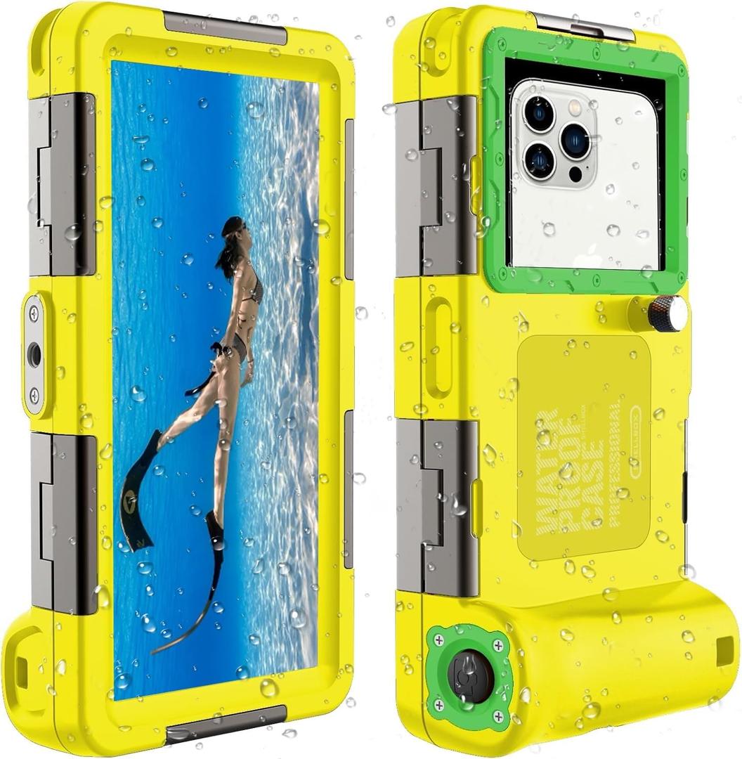 Underwater Snorkeling Diving Phone Case for iPhone 16/15/14/13/12/11 Pro Max, Samsung Galaxy S24/S23/S22/S21 [50ft/15m] Waterproof Case, Professional Scuba Phone Case - Yellow