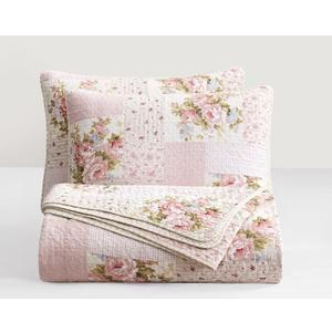 Chezmoi Collection Rosy 3-Piece Printed Patchwork Cotton Quilt Set, Oversized King - Pink Flower Floral Striped Polka Dots - Stone Washed Lightweight Bedspread