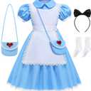 Aoiviss Girls Blue Dress Princess Fancy Dress Up for Halloween Cosplay with White Apron Bow HairBand Bag Socks Set, Size: 7-8 Years