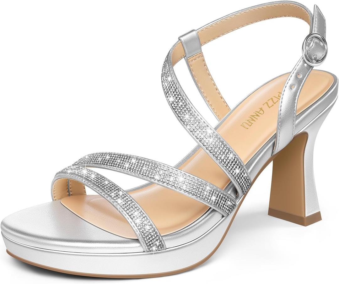 PIZZ ANNU Women's SoleBella Platform Block Heel Sandals 3 Inch Chunky Heels Open Toe Ankle Strap Strappy Comfortable Dress Pump Shoes for Wedding Party (8.5, Silver Rhinestone)