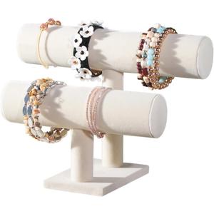 T-Bar Bracelet Holder Stand, Bracelet Jewelry Organizer Stand, Bangle Bracelet Watch Display for Selling, Scrunchie Hair Ties Jewelry Storage Rack for Women (2 Tier Beige)