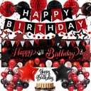 Red Black Birthday Decorations, Happy Birthday Banner, Backdrop, Balloons, Honeycomb Balls, Star Foil Balloons, Stars Hanging Swirls & Cake Topper for Baby Boys Girl Men Women Birthday Decoration