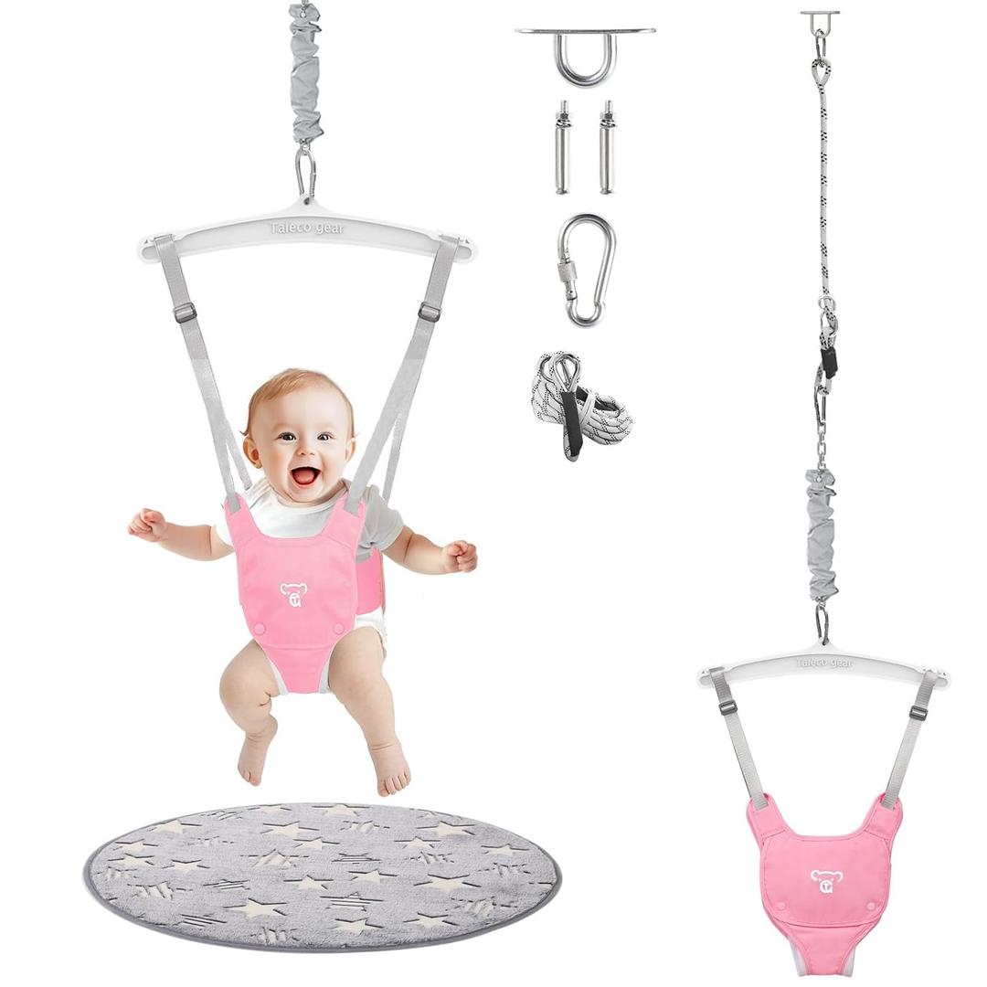 Baby Jumper with a Ceiling Hook for Infant & Toddlers, Kids Door Jumper with Adjustable Chain, Portable Baby Jumpers and Bouncers for Indoor/Outdoor, Baby Doorway Jumper with Soft Rug (Pink)