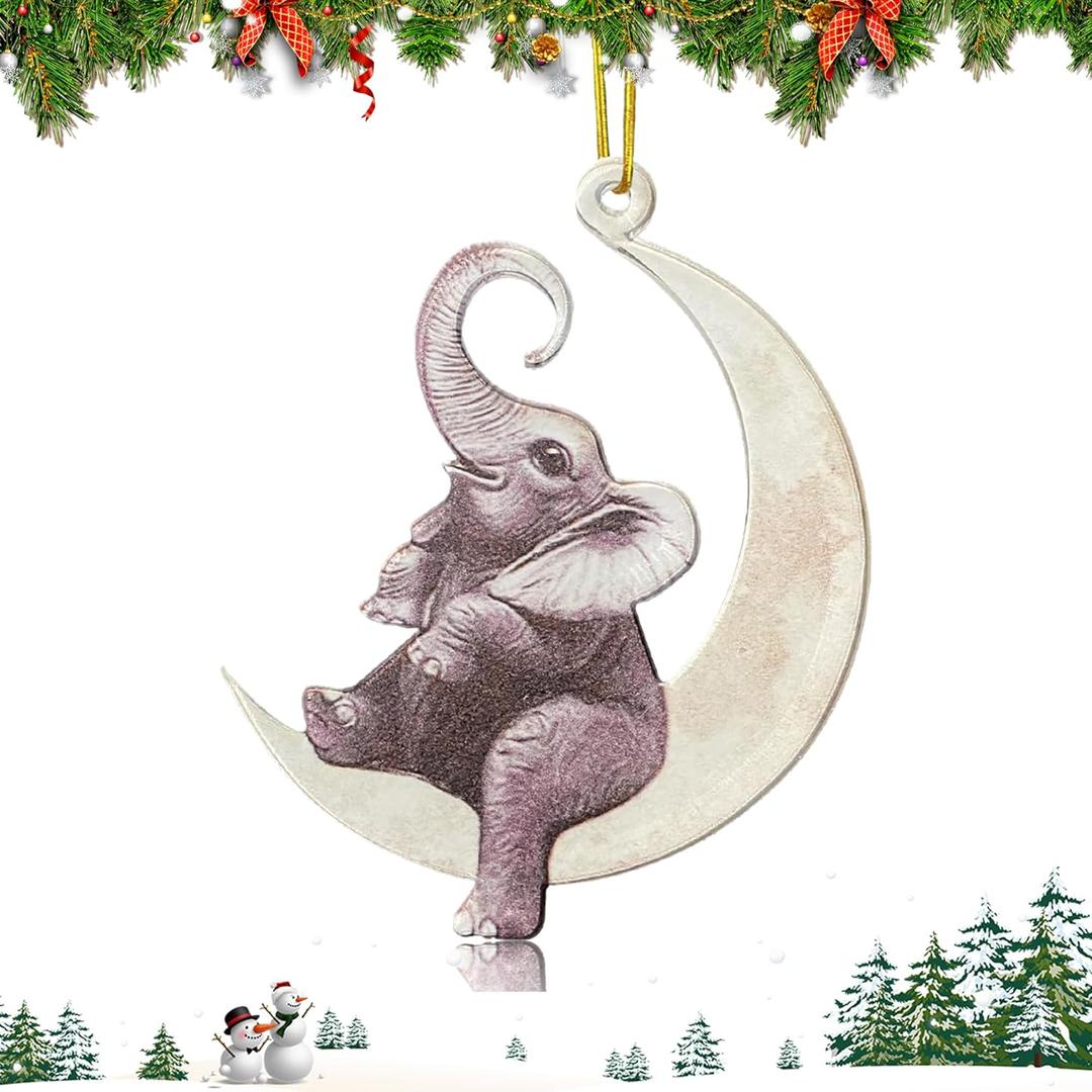 3 x Christmas Tree Decorations, Acrylic Animal Christmas Ornaments, Home Decoration, Party Decoration, Small Animals on The Moon (Elephant)