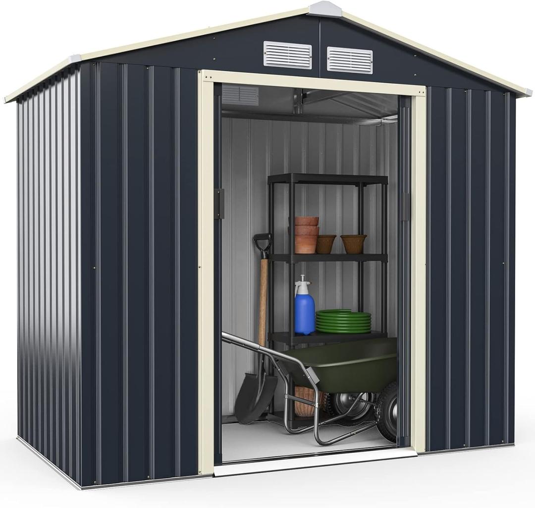Goplus Storage Shed, Metal 9' X 6' Outdoor Building Organizer with 4 Vents & Double Sliding Door for Garden Backyard Farm (9'X6')