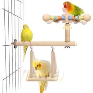 Bird Perch & Swing Toy Combo, Bird Toys for Parrots with 360° Spin Function, Hanging Parakeet Swing Birds Cage Accessories Toys, Multi-functional Wooden Birds Activity Gym for Cockatiel Lovebird
