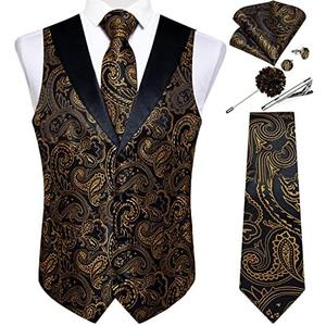 DiBanGu Mens Paisley Suit Vest Silk Jacquard Waistcoat and Necktie Set Formal Shawl Collar Dress Vest 7PCS for Wedding Party, Large