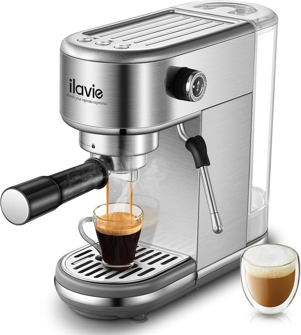 Espresso Machine with Milk Frother, 20 Bar High Pressure Professional Espresso Maker Automatic, Compact Stainless Steel Coffee Machine for Cappuccino, Latte, Silver