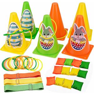 2 x 4-in-1 Plastic Carnival Party Games Set,Includes Ring Toss Games, Bean Bag Toss Games, Cones & 3-Legged Race Games, Sports & Outdoor Game Toys for Backyard, Birthday & Family Party