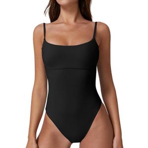 QINSEN Womens Seamed Cup Spaghetti Straps One Piece Bathing Suits Tummy Control Cheeky Swimsuit (Small, Black)