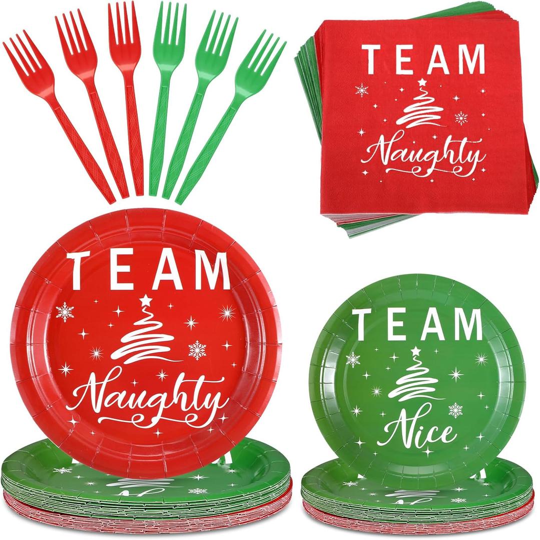 Patelai 120 Pcs Christmas Party Supplies Paper Plates and Napkins Disposable Dinnerware Set 48 Team Naughty and Team Nice Plates 48 Napkins 24 Plastic Forks for Christmas Xmas Birthday Party