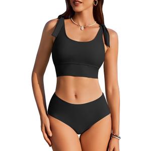 AI'MAGE Womens High Waisted Bikini Sets Scoop Neck Two Piece Swimsuits Sporty Bathing Suits Swimwear 2025 (Large, Black)