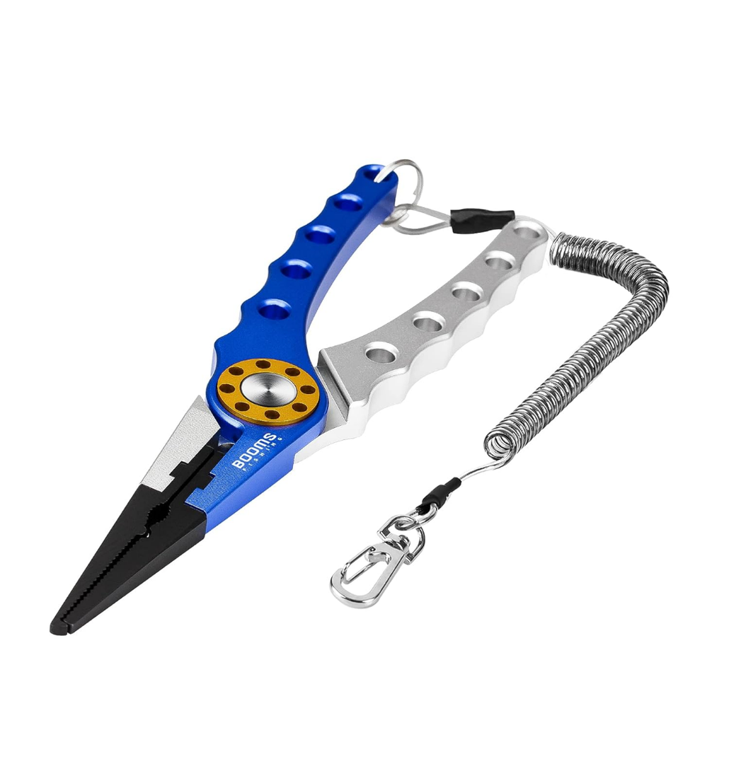 Booms Fishing X1 Aluminum Fishing Pliers Saltwater, Surf Fishing Tackle Kit, Fishing Multitool Hook Remover Braided Fishing Line Cutting and Split Ring with Coiled Lanyard and Sheath