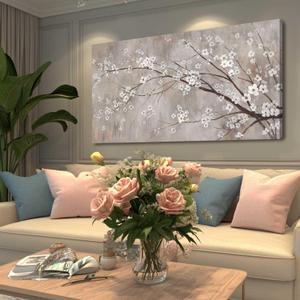 XIANSHOU White Wall Decor Flower Wall Art Canvas Prints Wall Decorations Plum Blossom Modern Artwork Floral Wall Pictures for Bedroom Dining Room Living Room 24x48 (Beige)