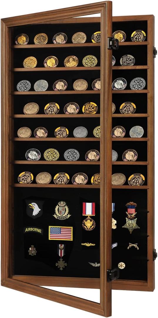 Jinchuan Military Challenge Coin Display Case Lockable Cabinet Rack Shadow Box with Removable 2 Grooves Shelves and Anti Fade Acrylic Glass for Casino Poker Chips Collectibles, Extra Large - Walnut