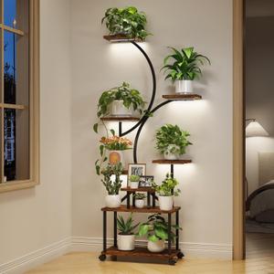 LotFun Plant Stand Indoor with Grow Lights, 8-Tiered Large Metal Plant Shelf with Wheels and Feet Pad, 61" Tall Plant Stand for Plants Multiple, L-Shaped Display Rack Flower Holder for Living Room