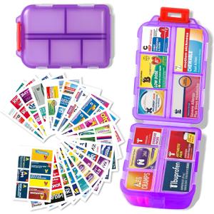 iouwei Large Pill Organizer with Medicine Labels - 7 Day Travel Daily Container, Mini Medication Storage Case (Purple, 161 Labels)