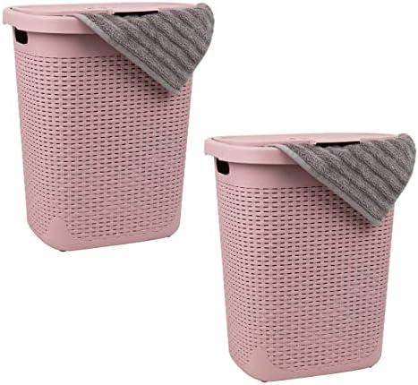 Mind Reader 50L Slim Laundry Hamper, Clothes Basket, Lid, Wicker Design, Plastic, 17.65"L x 13.75"W x 21"H, Set of 2, Pink