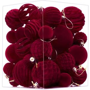 Waipfaru 38Pcs Velvet Ornaments for Christmas Tree Wine Red Flocked Christmas Ornaments Shatterproof Hanging Ball Set for Xmas Winter Holiday Decorations in 3 Sizes(Large Medium Small)