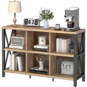 FATORRI 6 Cube Storage Organizer with Shelf, Long Wood and Metal Cubby Bookcase, Industrial Horizontal Bookshelf (Rustic Oak, 47 Inch)