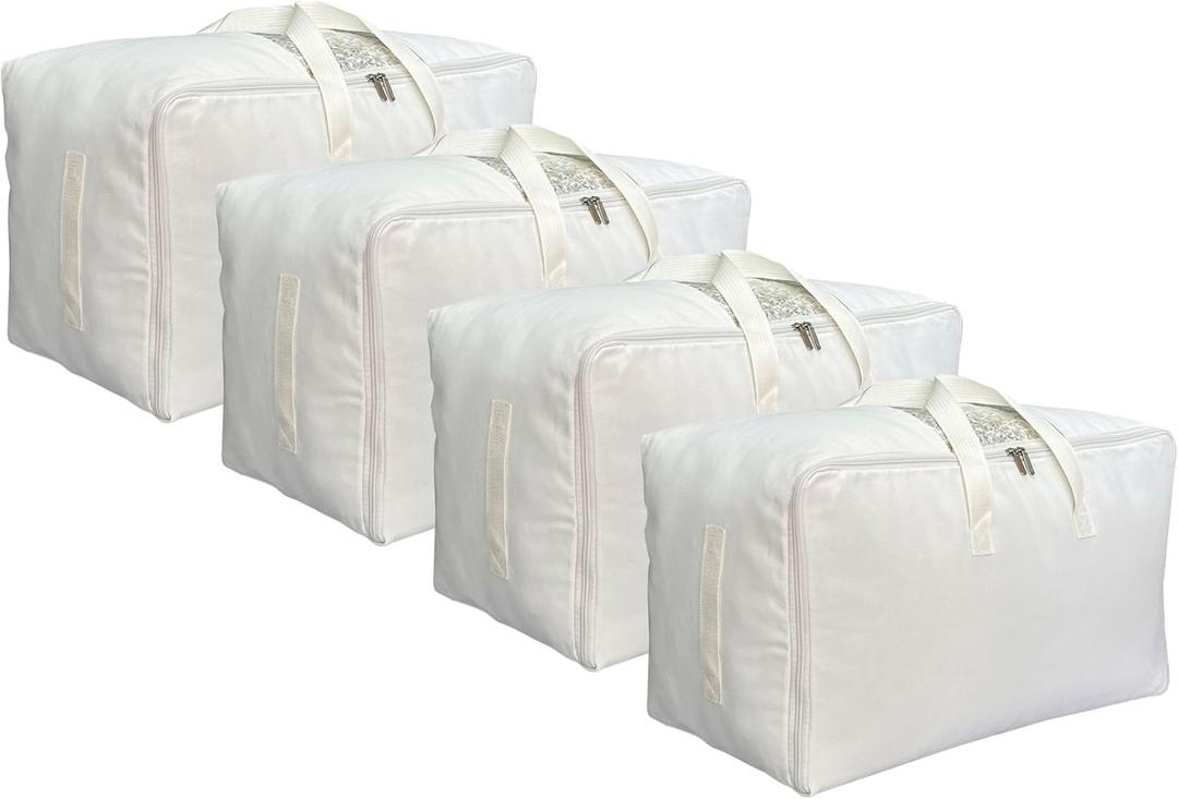 Soft Large Canvas Comforter Storage Bags with Four Carrying Handles and Clear Window, Closet Organizer for Clothing, Blankets Sheets Pillows and Bedding, 80L, 4 Pack, White