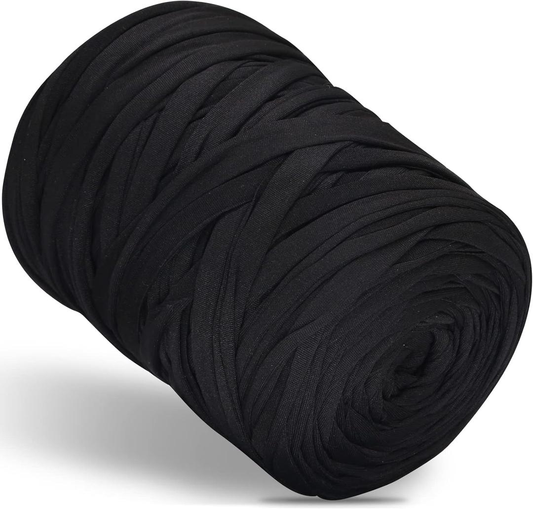 SIMEIQI 400g T-Shirt Elastic Fabric Crochet Cloth Yarn for DIY Knitting, 130 Yards Spaghetti Thick Knitting Yarn for Hand DIY Bag Basket Cushion Crocheting Projects Home Decor (Black)
