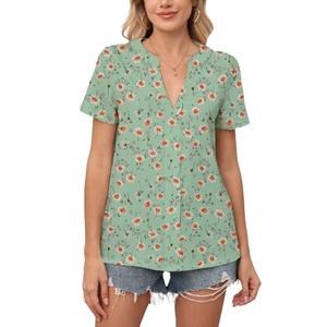 DEARMSROSE 2025 Womens Summer Tunic Tops Casual Dressy V Neck Blouse Loose Fit Short Sleeve T Shirts(Medium,Green Daisy)