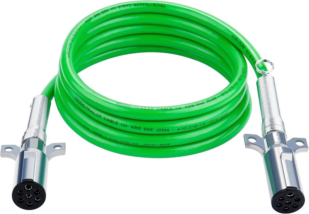 7 Way ABS Cord, 12FT 7 Way Coiled Trailer Cord, Heavey Duty Electrical Power Cable for Semi Truck Tractors - Green