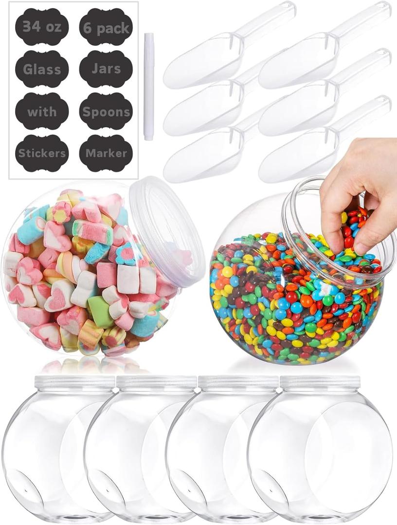 6PCS 34oz Plastics Candy Jars with Lid & Spoons, 1000ml Plastic Cookie Jars Set Clear with Labels& Pen for Candy, Buffet, Coffee Holder Food Storage
