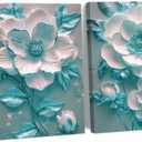 CCWORKERRY White and Teal Flower Canvas Wall Art for Living Room Set of 2 Botanical Floral Pictures Abstract Floral Painting Artwork Framed(Teal,12"x16"x2Pcs)