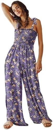 YESNO Women's Casual Overalls Summer Tie Shoulder Smocked Floral Wide Leg Jumpsuits Baggy Rompers with Pockets PZE, S