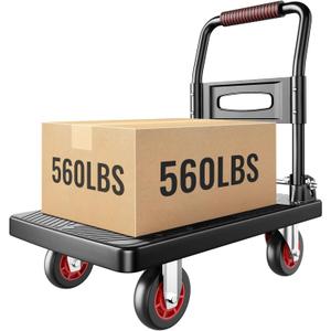 Upgraded Foldable Push Cart Dolly,560 lbs. Capacity Moving Platform Hand Truck,Heavy Duty Space Saving Collapsible,4 TPR 360-Degree Silent Wheels,2 Swivel Wheels and 2 Fixed Wheels(Red Wheel)