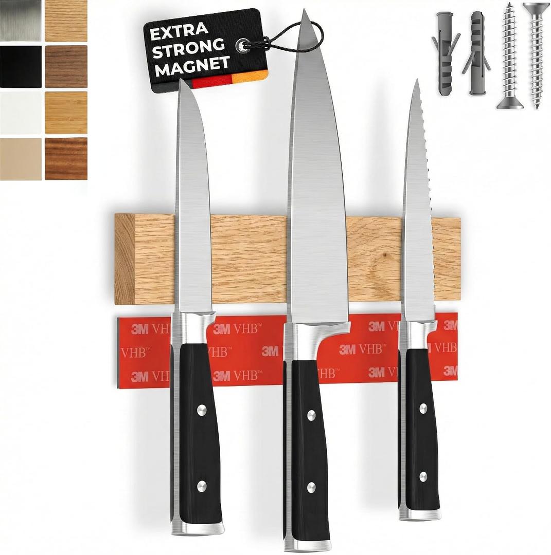 Magnetic Knife Holder for wall, 10" no drilling required, includes self-adhesive tape, extra strong for holding knives Awarded magnet strip Oak