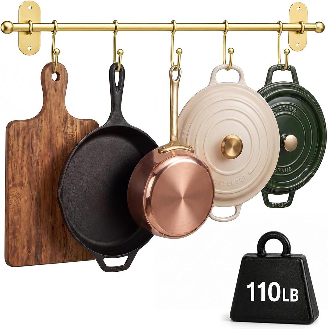 Wesiti Kitchen Rail with 5 Hooks, 21.75" Gold Wall Mounted Utensil