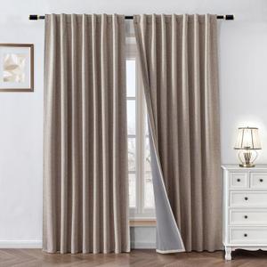 100% Blackout Curtains 90 inch Length 2 Panels Faux Linen Long Drapes for Bedroom Living Room Black Out Room Darkening Curtain Thermal Insulated Back Tab Rod Pocket(W37 x L90, Beige)