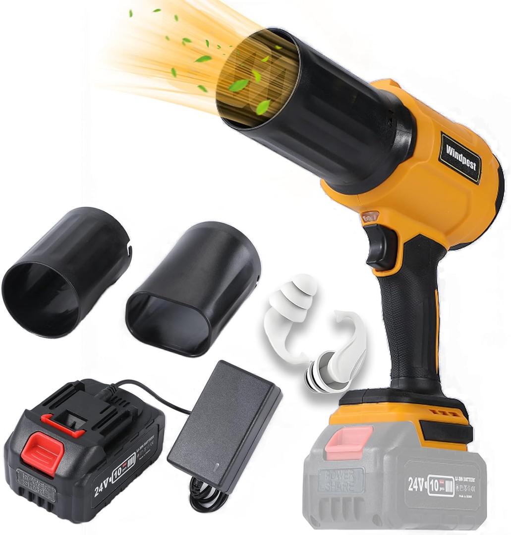 Small Cordless Leaf Blower,Leaf Blower Cordless,35000RPM Turbo Jet Blower, with 1 X 24VX 4.0Ah Battery and Charger,for Patio Cleaning, Lawn Care, Car Cleaning and Dust Etc,2 Blowing Nozzles-Yellow