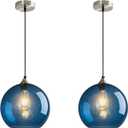 Modern 2-Pack Glass Globe Pendant Lights, Blue Modern Pendant Lighting for Kitchen Island, Clear Glass Hanging Lamps for Dining Room Living Room Bedroom, Large 9.85 Inch Fixture (Bulbs Not Included)