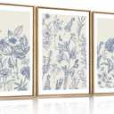 HPINUB Classic Chinoiserie Floral Framed Canvas Wall Art Set,Watercolor Blue and White Botanical Flowers Wall Decor,Navy Blue Minimalist Wildflower Art Print for Living Room,Bedroom,Office-24x36x3
