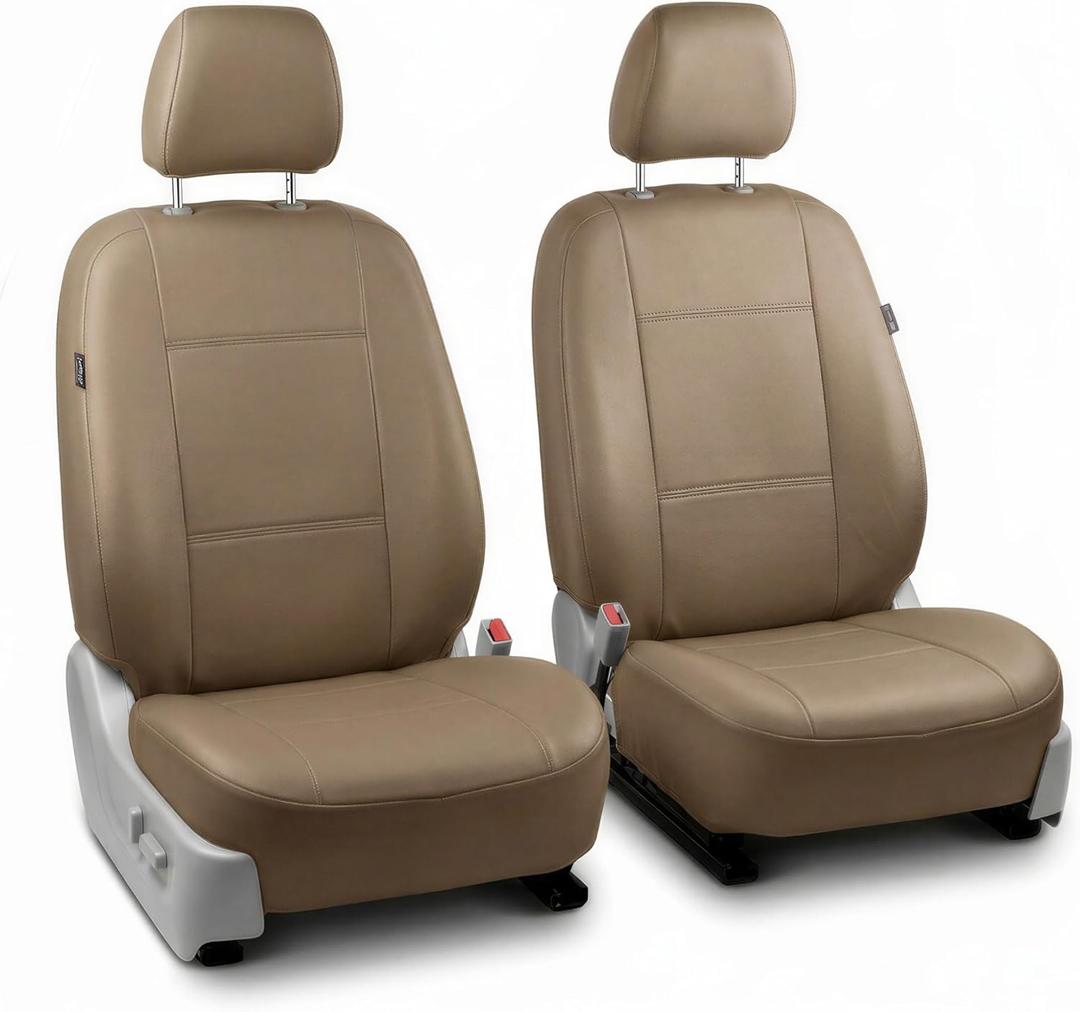 FH Group Car Seat Covers PU Leather Automotive Seat Covers Front Set, Tan Seat Covers Pair Set with Gift Universal Fit Interior Accessories for Cars Trucks and SUVs