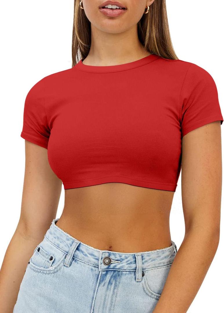 Womens Crop Tops Crewneck Y2K Summer T-Shirt Basic Short Sleeve Fitted Knit Ribbed Casual Blouse Cute Tee Shirt (Small, Red)