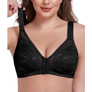 UPGAMR Front Closure Bras for Women Back Support Posture Comfort Wirefree Non Padded Plus Size(Black,42DD)